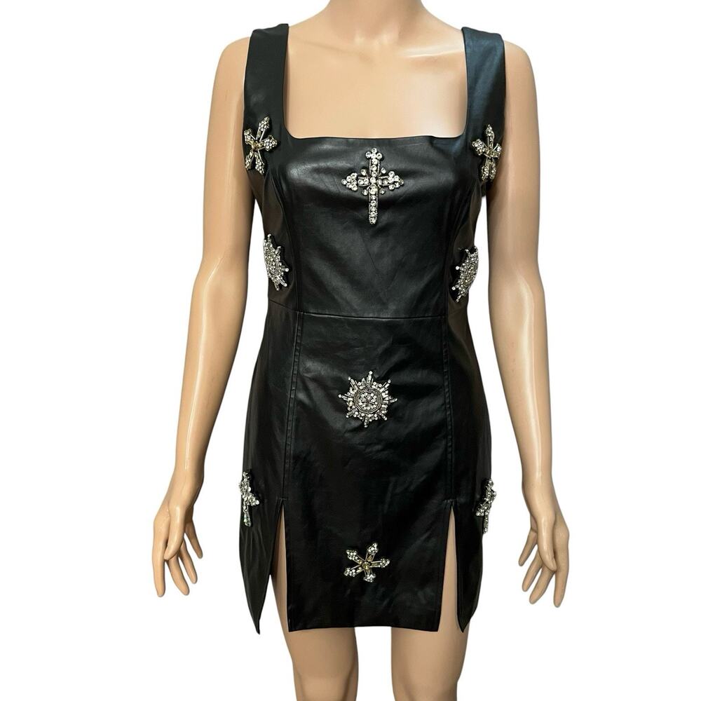 Fashion Nova Faux Leather Rhinestone Patch Mini Dress Small Front Slit Goth